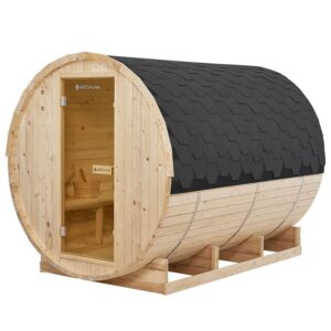 Juskys Venkovní sudová sauna Spitzbergen XL délka 240 cm průměr 180 cm (9 kW)