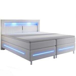 Juskys Pružinová postel Norfolk 140 x 200 cm bílá - LED pásy a pružinové jádro matrace